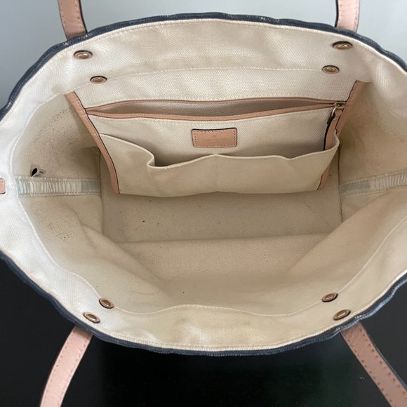 Kate Spade Tote with Straw Bottom, Navy, Green, White - HARD TO FIND - Picture 6 of 7